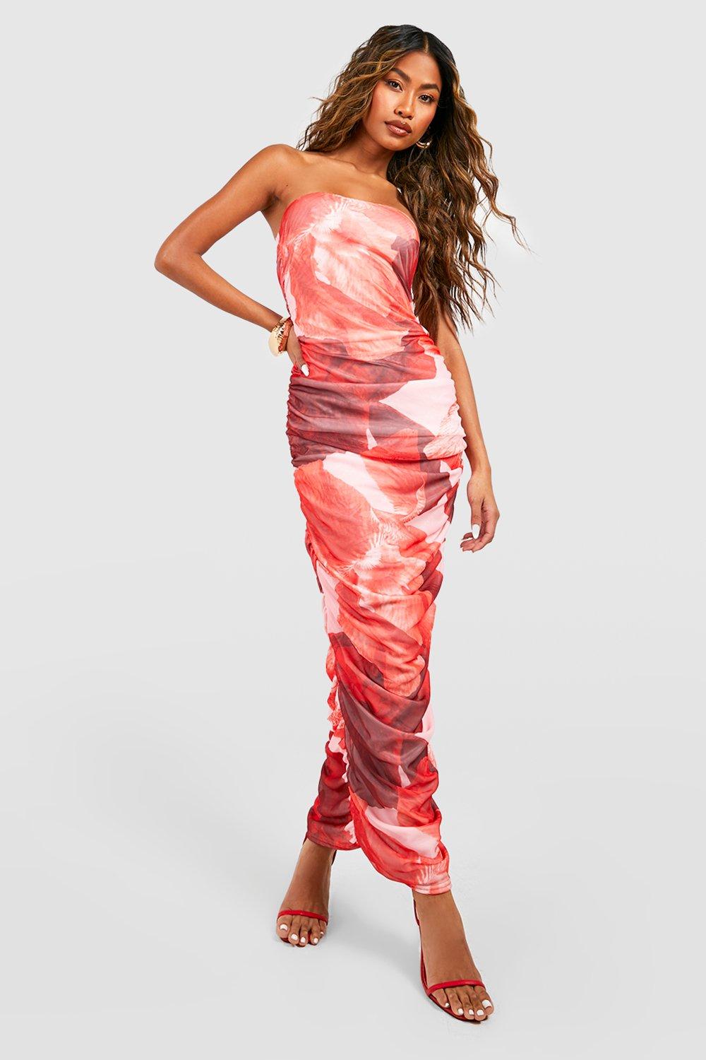 Abstract Floral Mesh Bandeau Maxi Dress