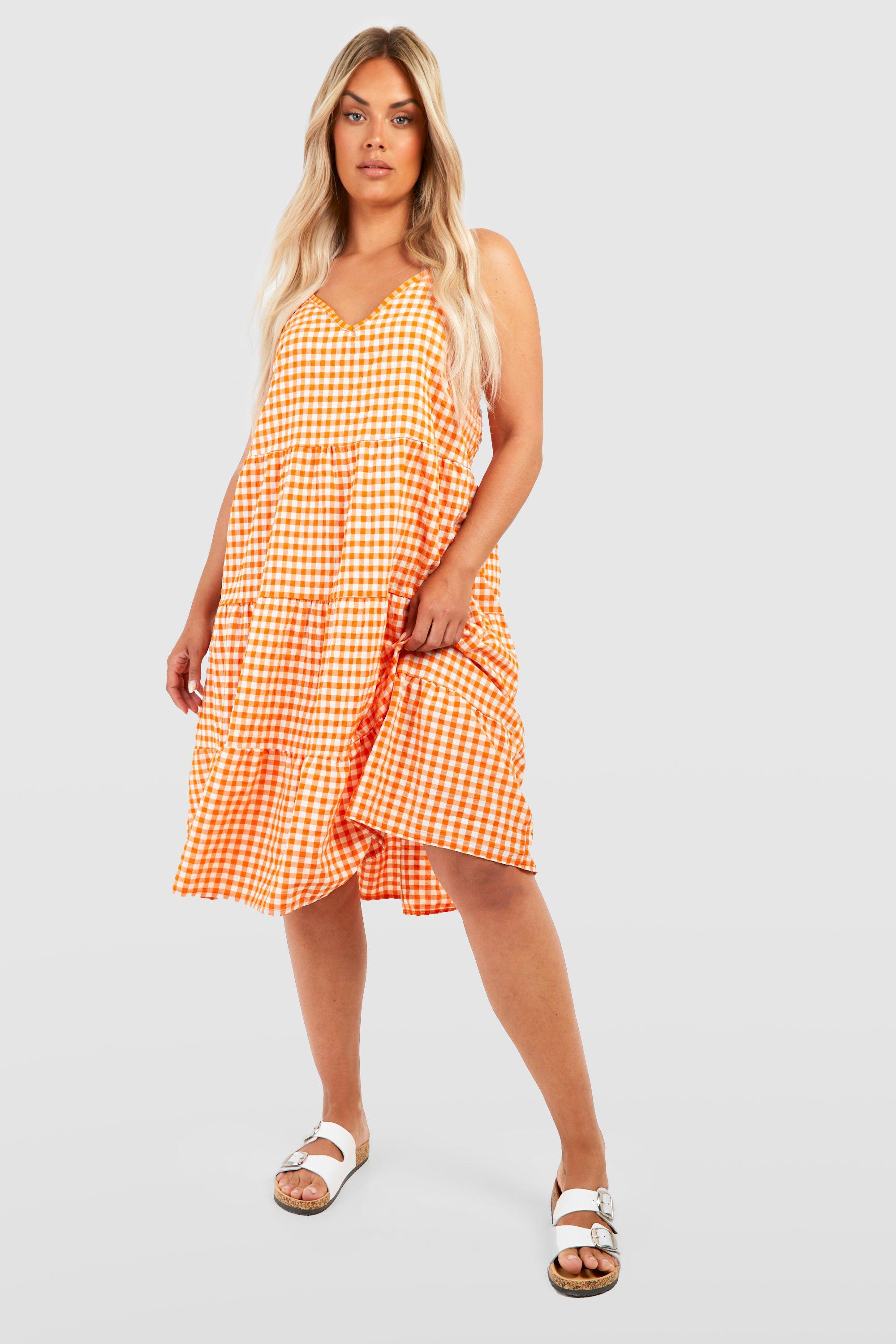 Plus Textured Gingham Tiered Smock Dress
