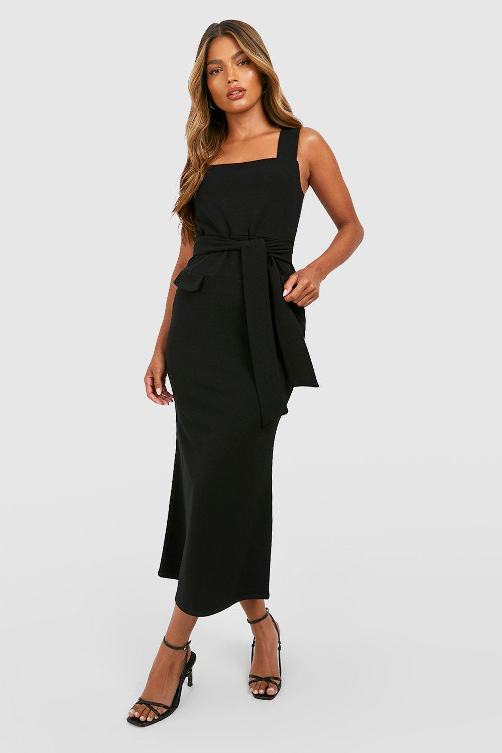 Crepe Square Neck Belted Flared Midaxi Dress