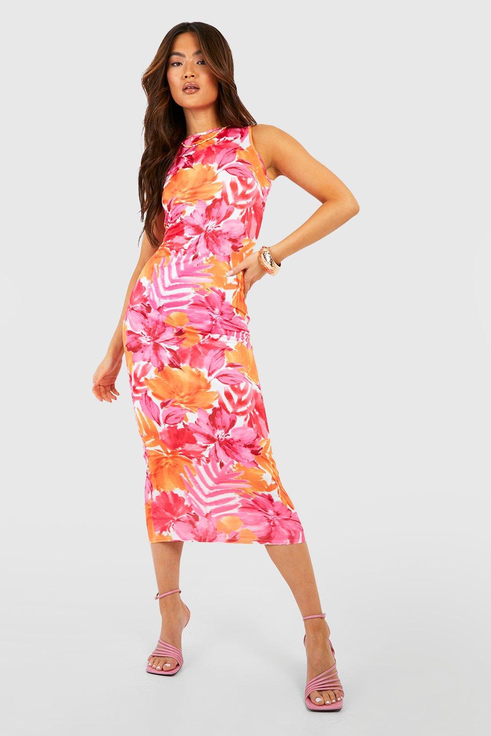 Abstract Floral Racer Neck Midaxi Dress