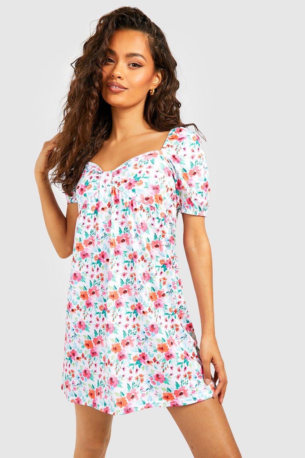 Floral Puff Sleeve Smock Dress