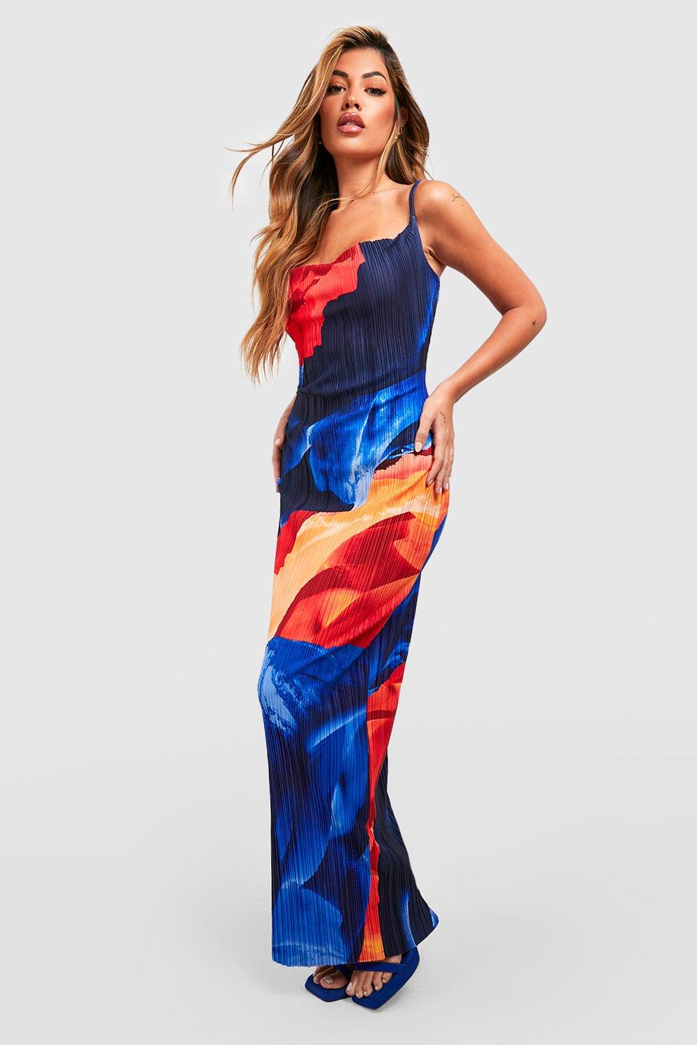 Cowl Neck Abstract Plisse Maxi Dress