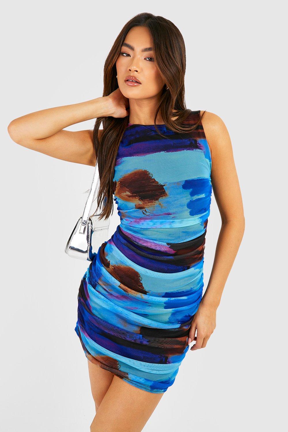 Abstract Rouched Mesh Mini Dress