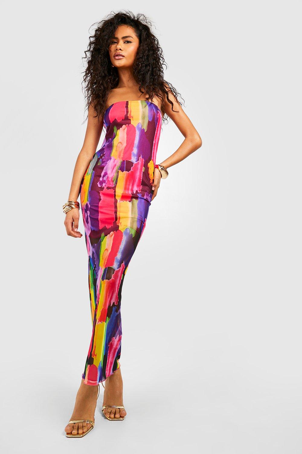 Abstract Printed Mesh Bandeau Maxi Dress