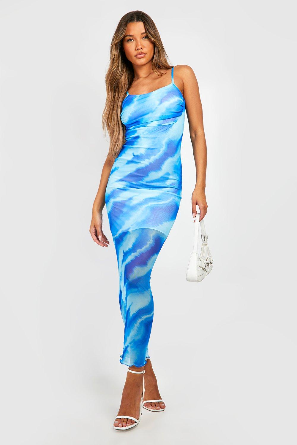 Abstract Print Mesh Maxi Slip Dress