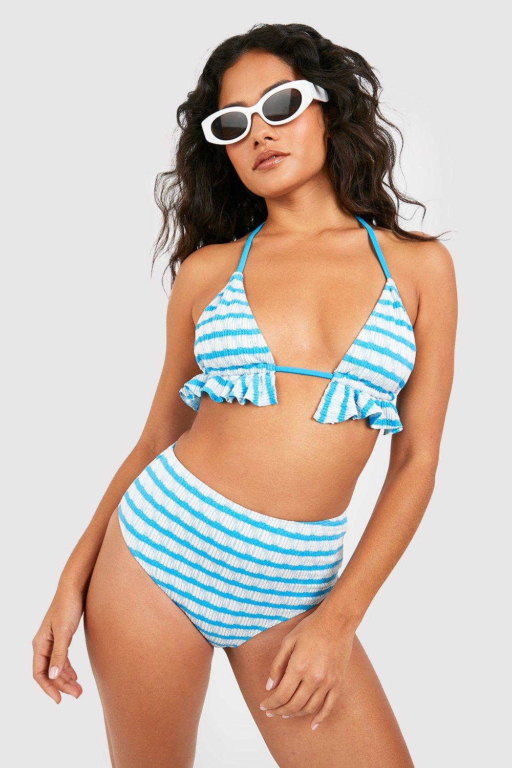 Textured Stripe Ruffle Padded Triangle Bikini Set