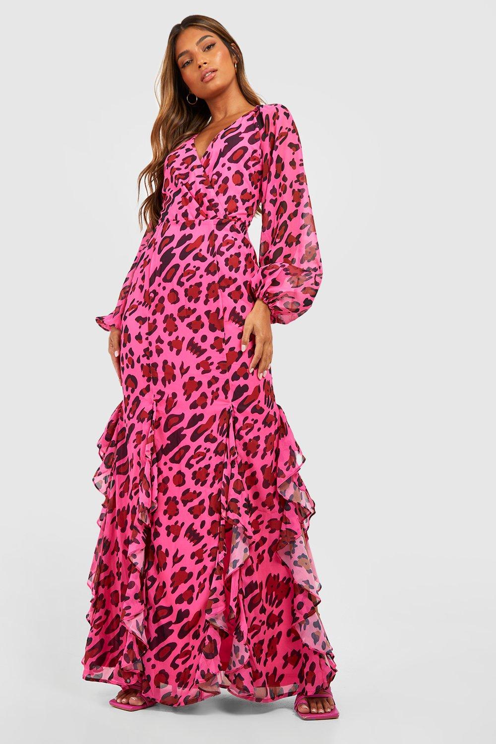 Animal Print Ruffle Detail Maxi Dress