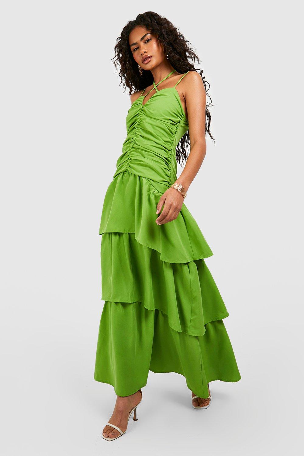 Ruched Bodice Frill Skirt Maxi Dress