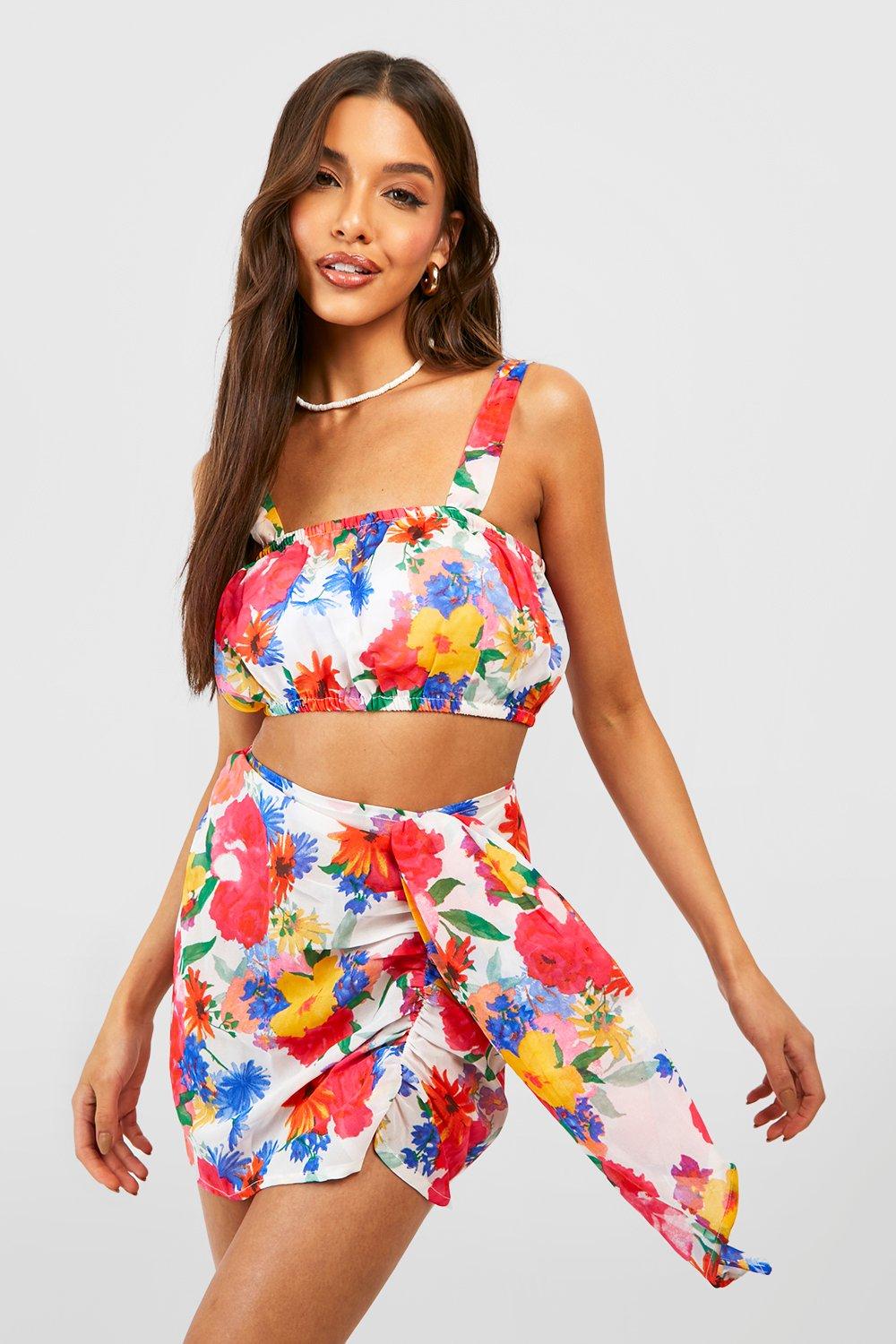 Floral Chiffon Drape Beach Skirt & Bandeau