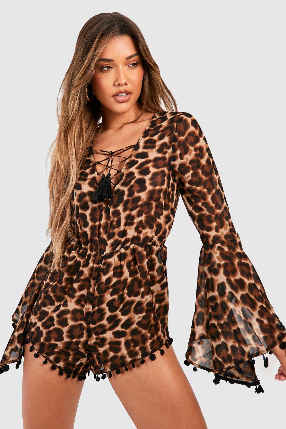 Leopard Chiffon Lace Up Flared Sleeve Beach Playsuit