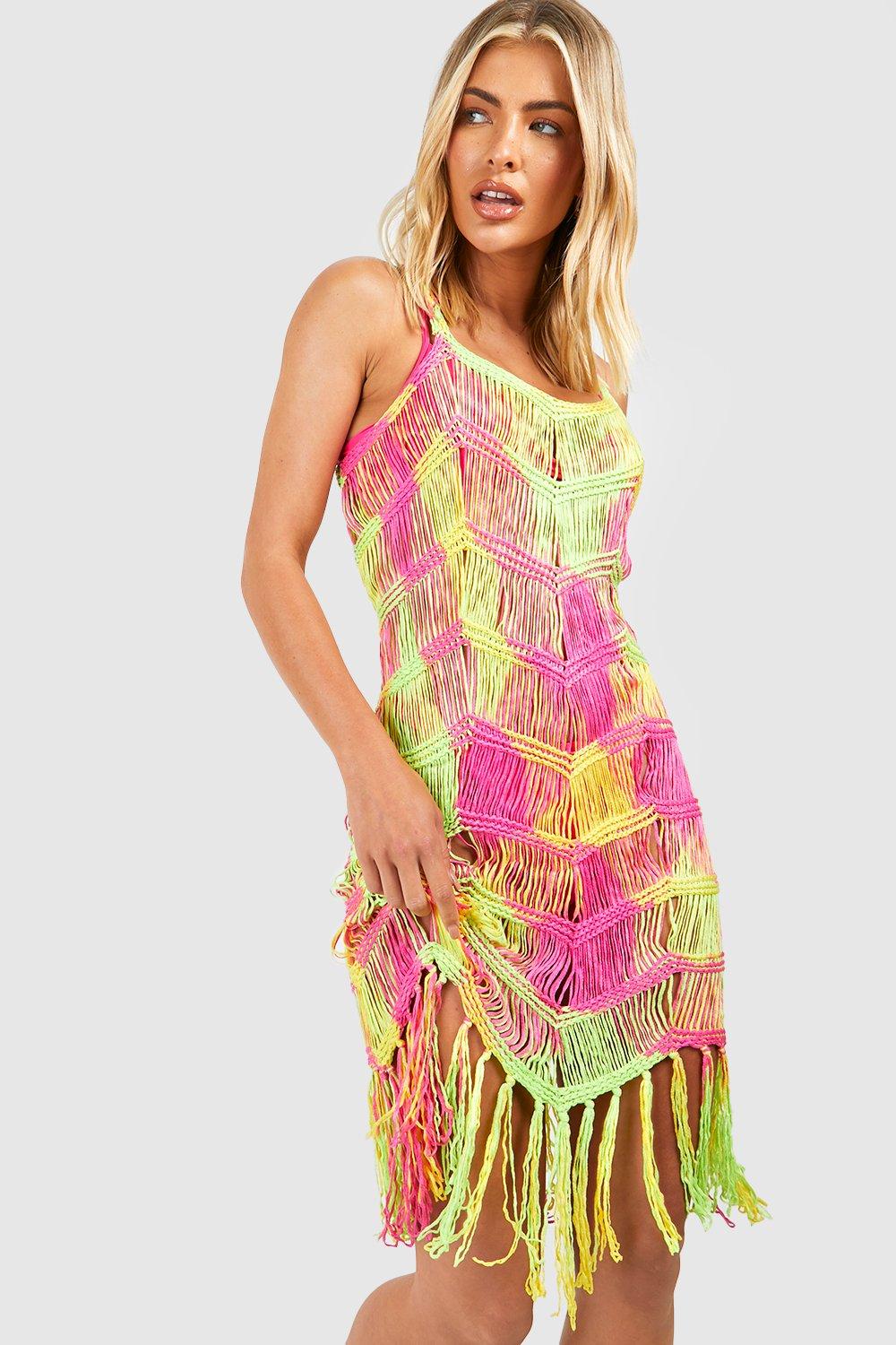 Bright Tie Dye Crochet Tassel Dress
