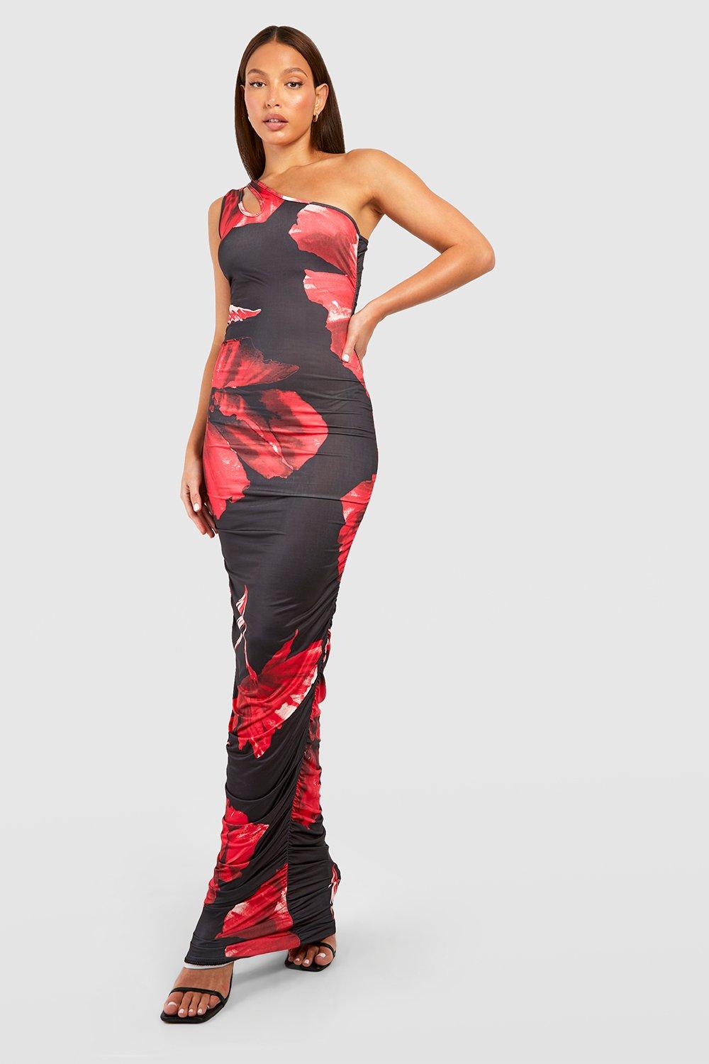 Tall Large Floral One Shoulder Ruched Side Maxi Dress