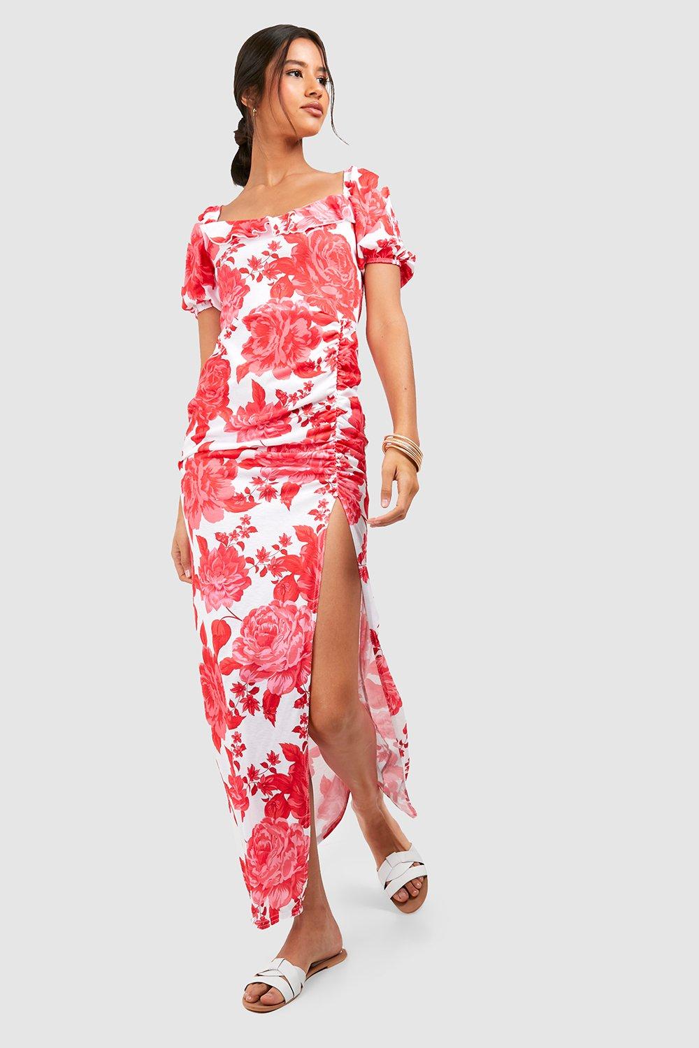 Tall Floral Puff Sleeve Ruched Midaxi Dress