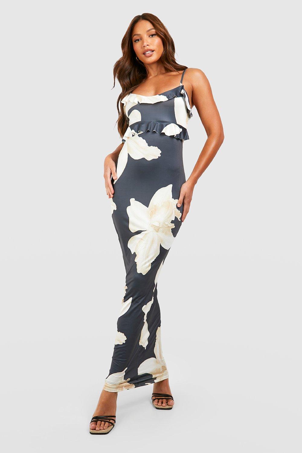 Tall Large Floral Ruffle Strappy Maxi Dress