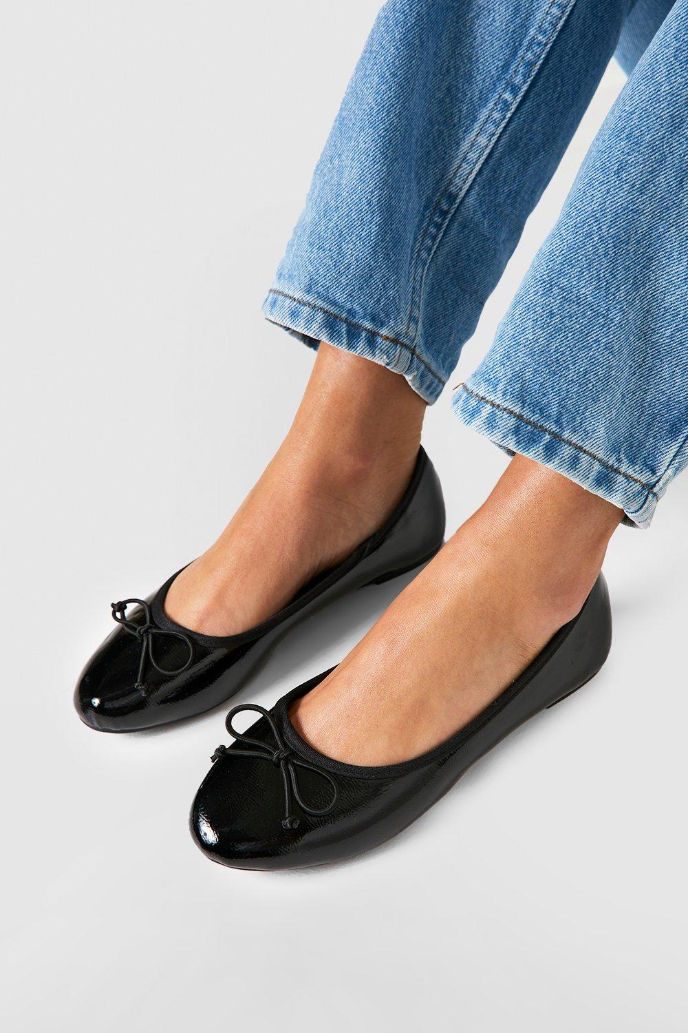 Flats | Wide Fit Patent Basic Bow Detail Ballet Flats | boohoo