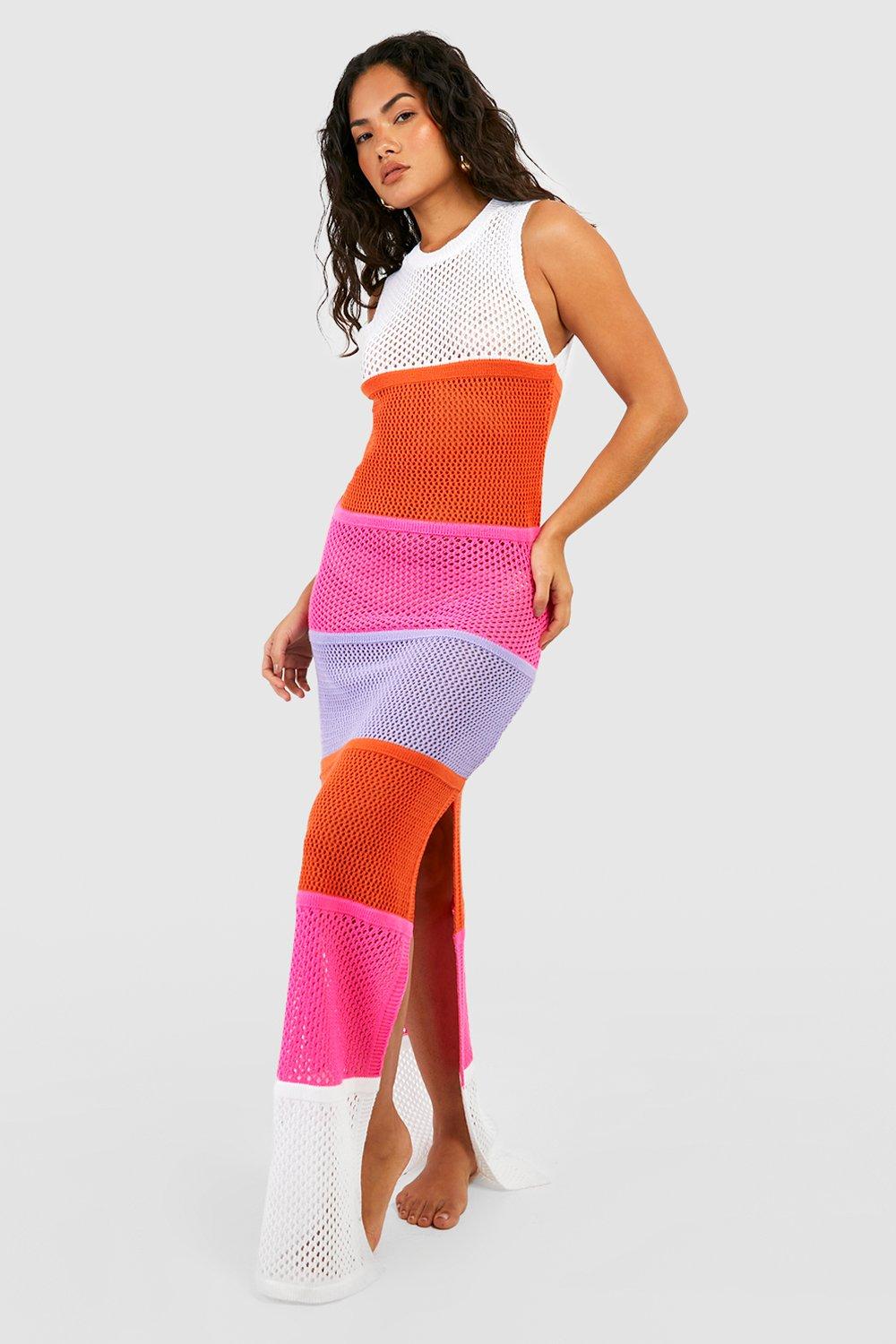 Crochet Knit Colour Block Maxi Beach Dress
