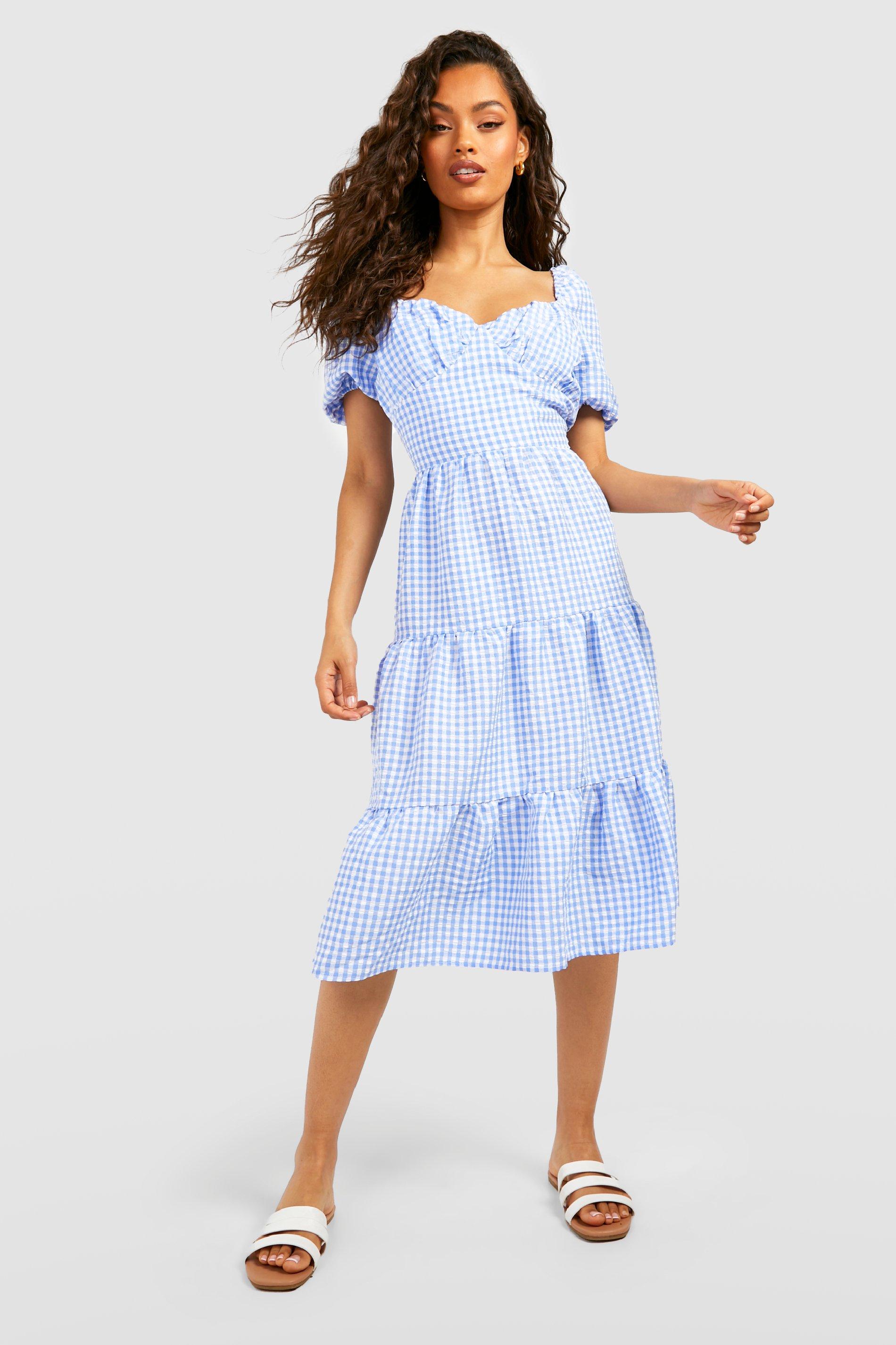 Check Puff Sleeve Tiered Midi Skater Dress