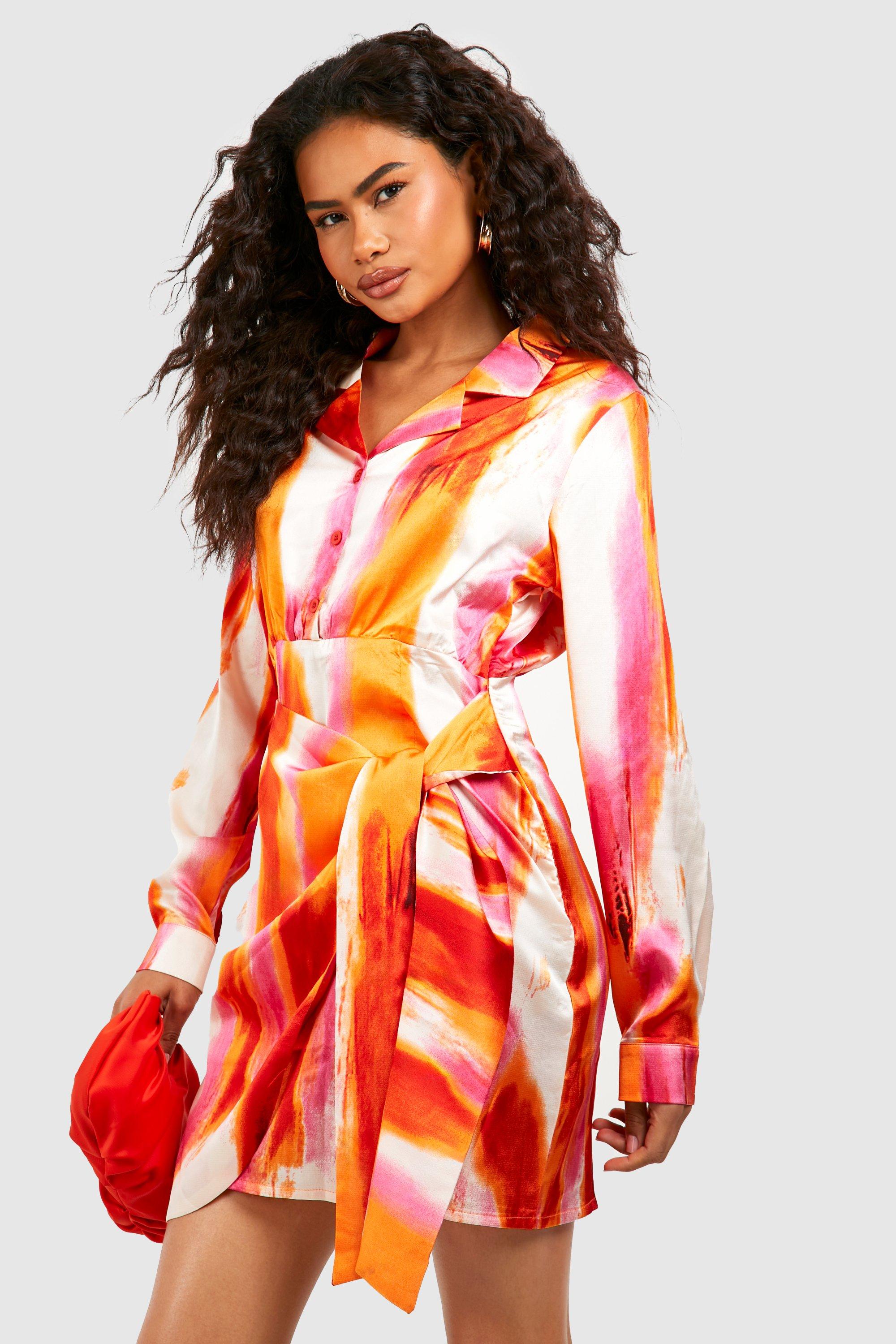 Abstract Print Satin Shirt Dress