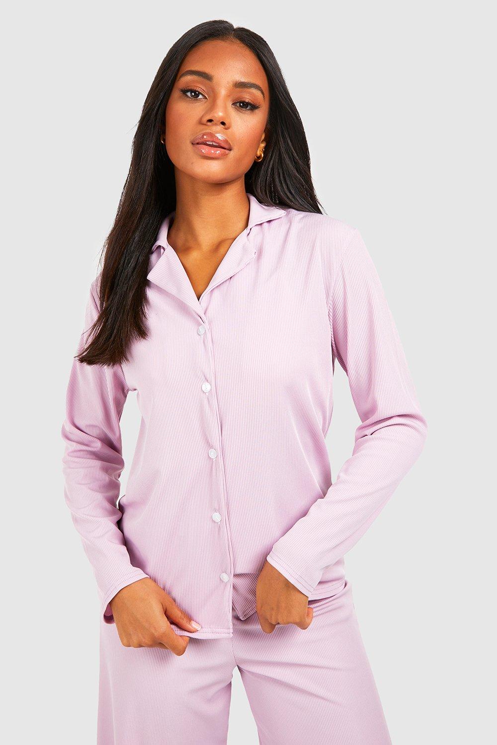 Ribbed Jersey Long Sleeve Button Up Pj Top