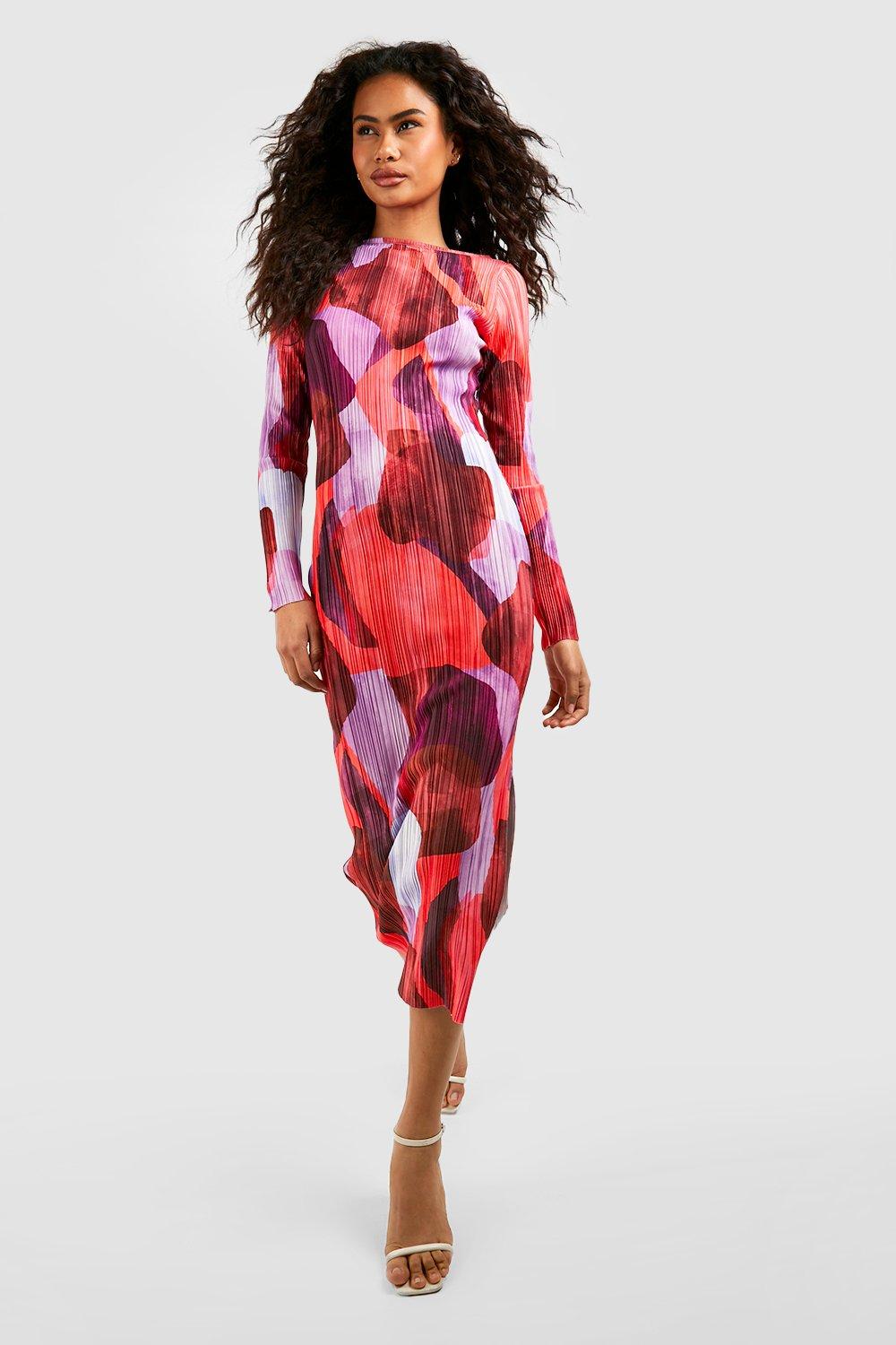 Abstract Printed Plisse Midi Dress