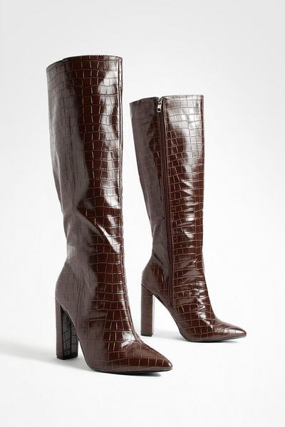 Wide Fit Pointed Toe Croc Knee High Boot