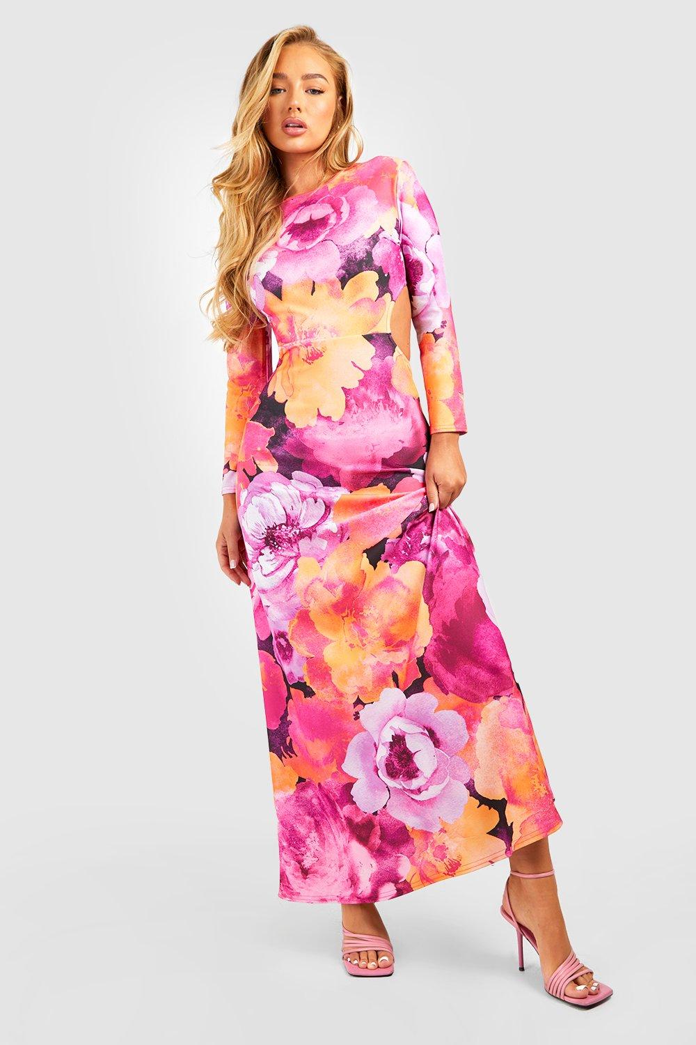 Marble Printed Cut Out Back Long Sleeve Maxi Dress