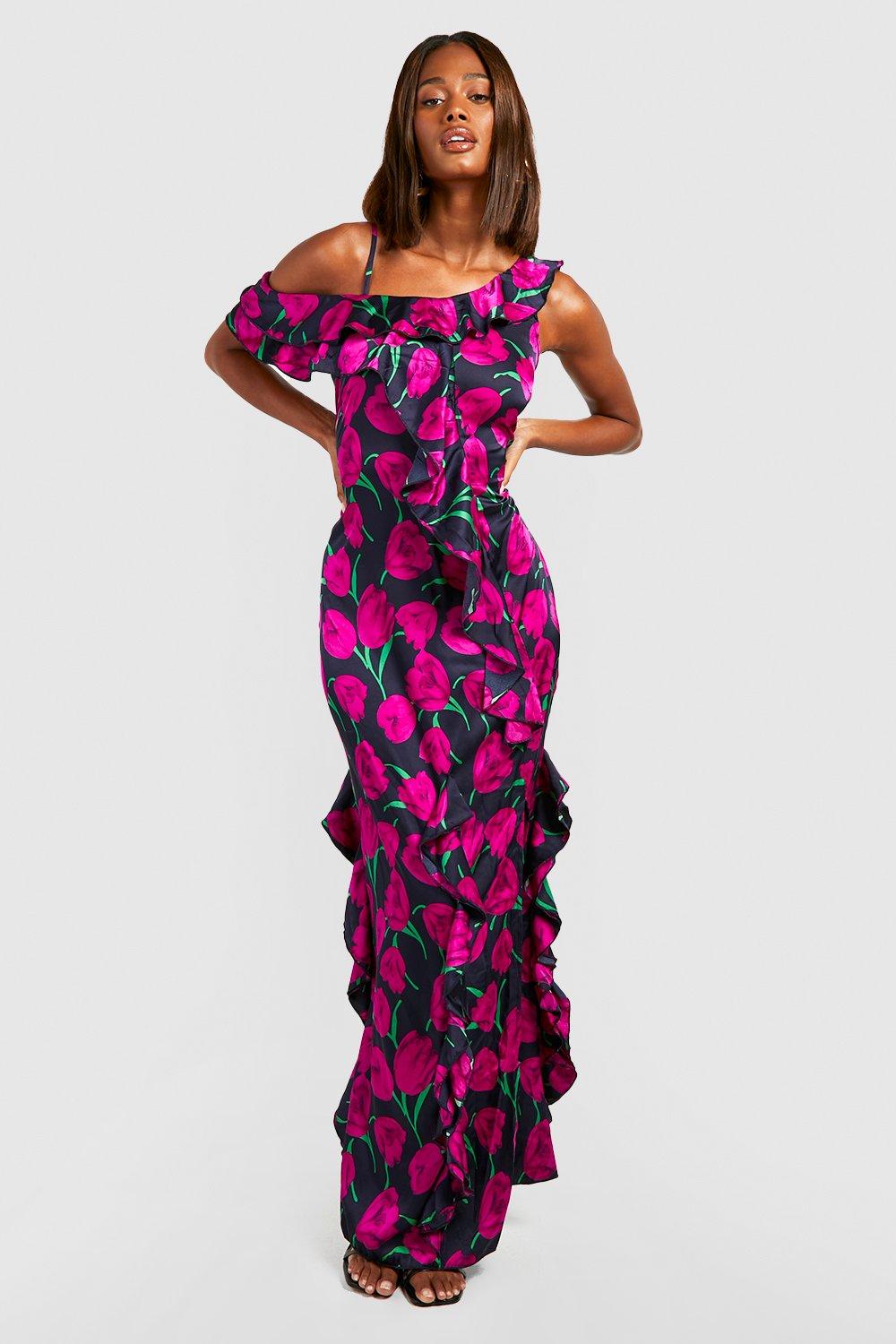 Satin Ruffle Floral Maxi Dress