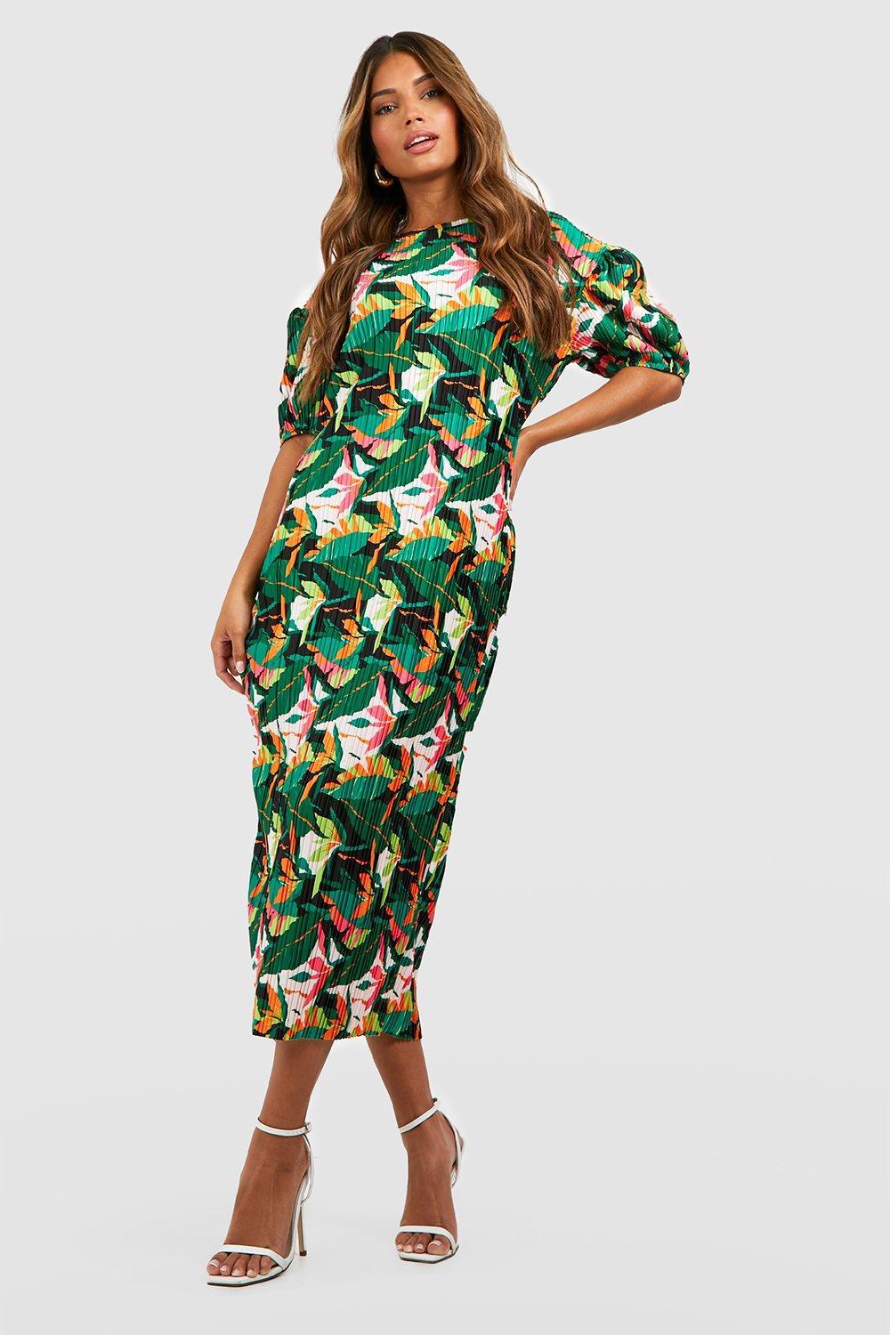 Tropical Plisse Puff Sleeve Midi Dress