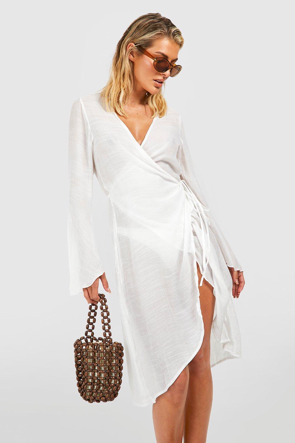 Linen Look Belted Wrap Beach Dress