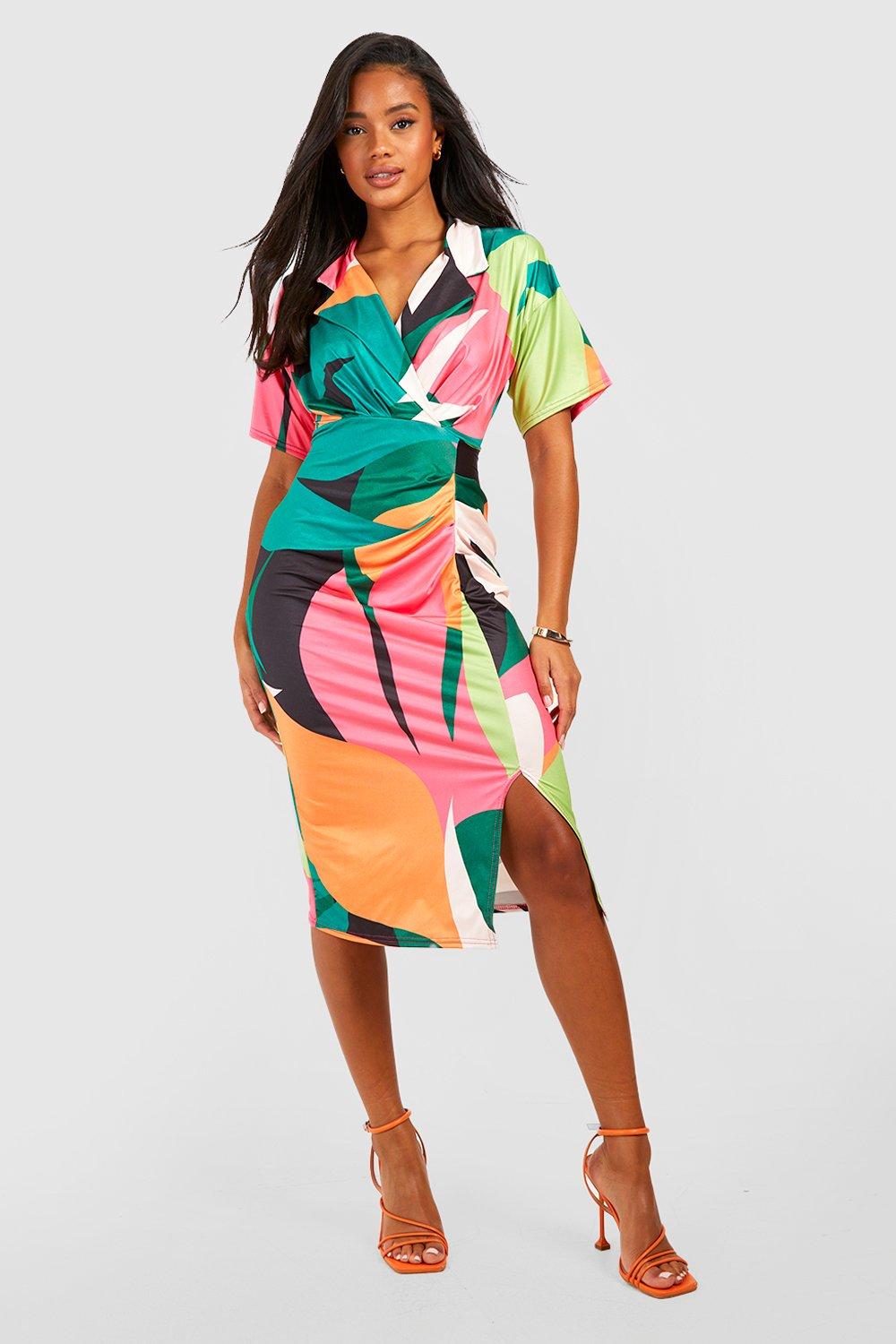 Tropical Slinky Wrap Midi Shirt Dress