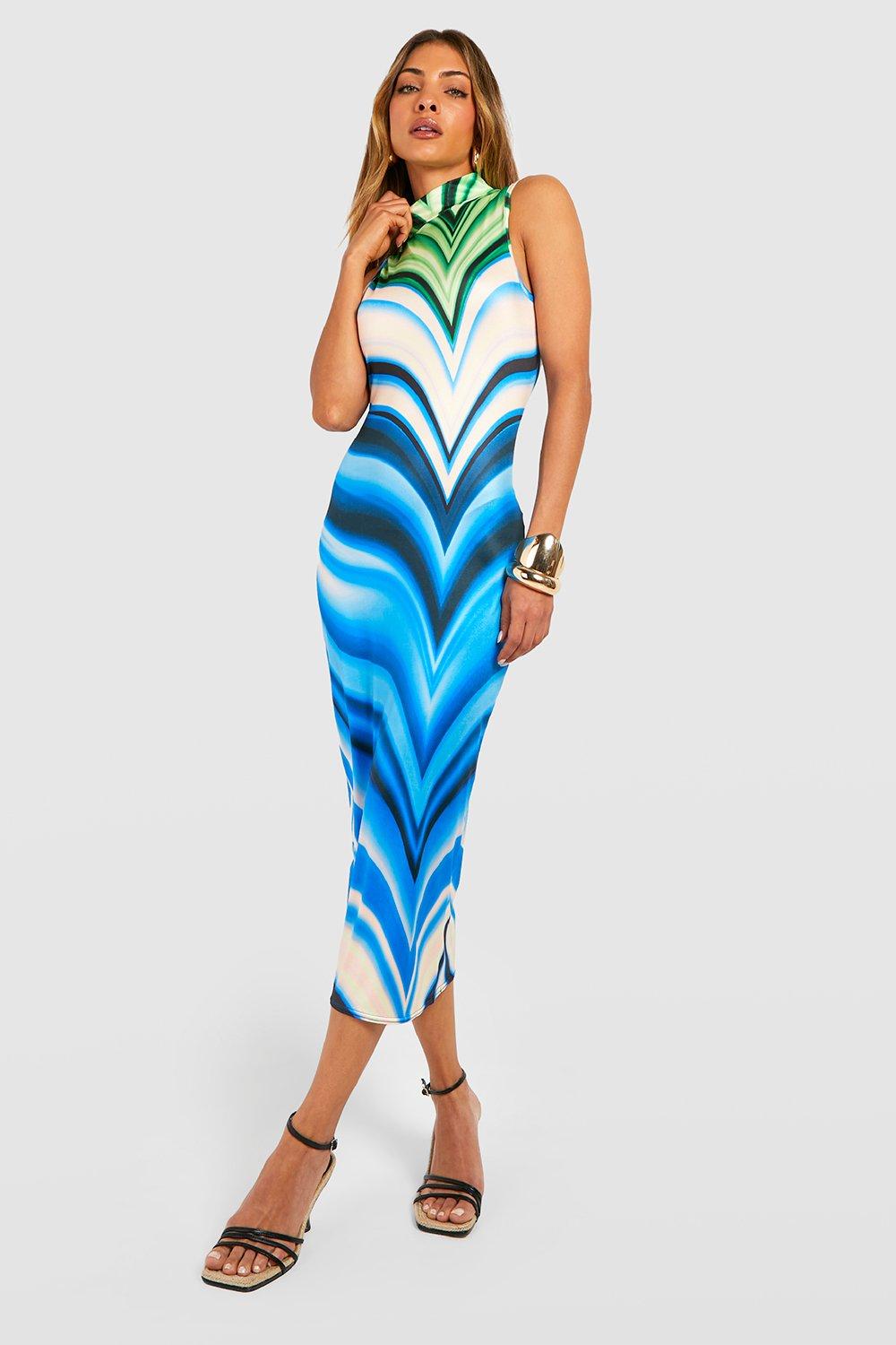 High Neck Abstract Slinky Midi Dress
