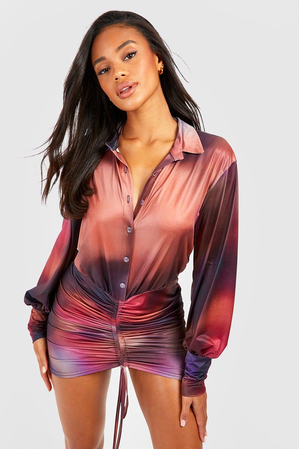 Abstract Slinky Rouched Shirt Dress