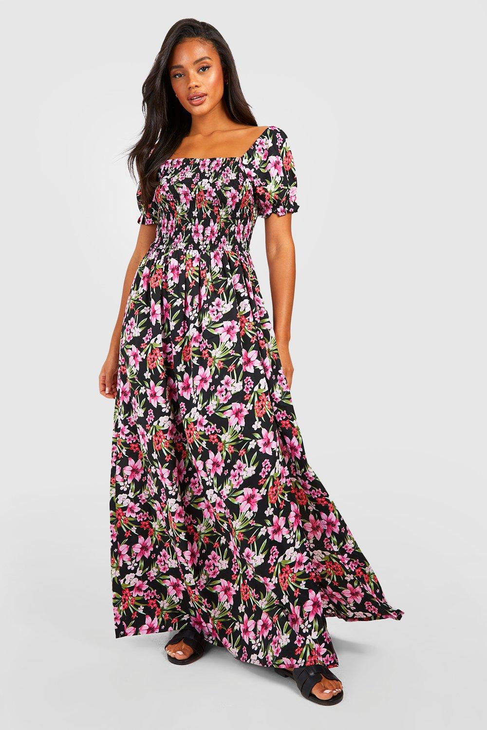 Floral Shirred Puff Sleeve Maxi Dress