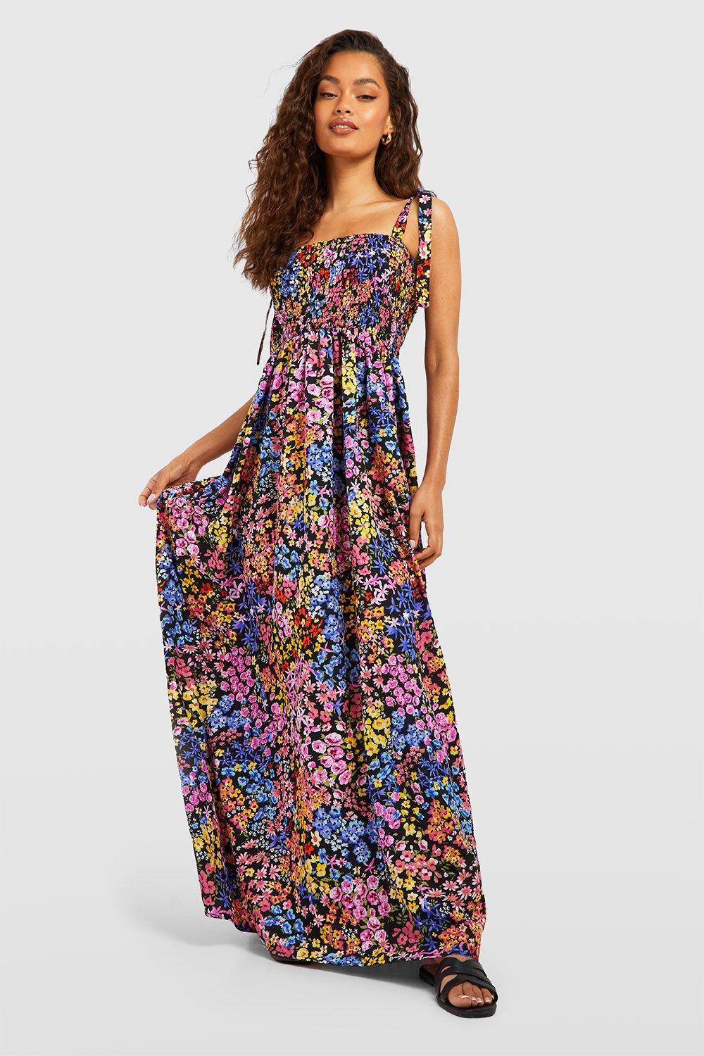 Shirred Floral Strappy Maxi Dress