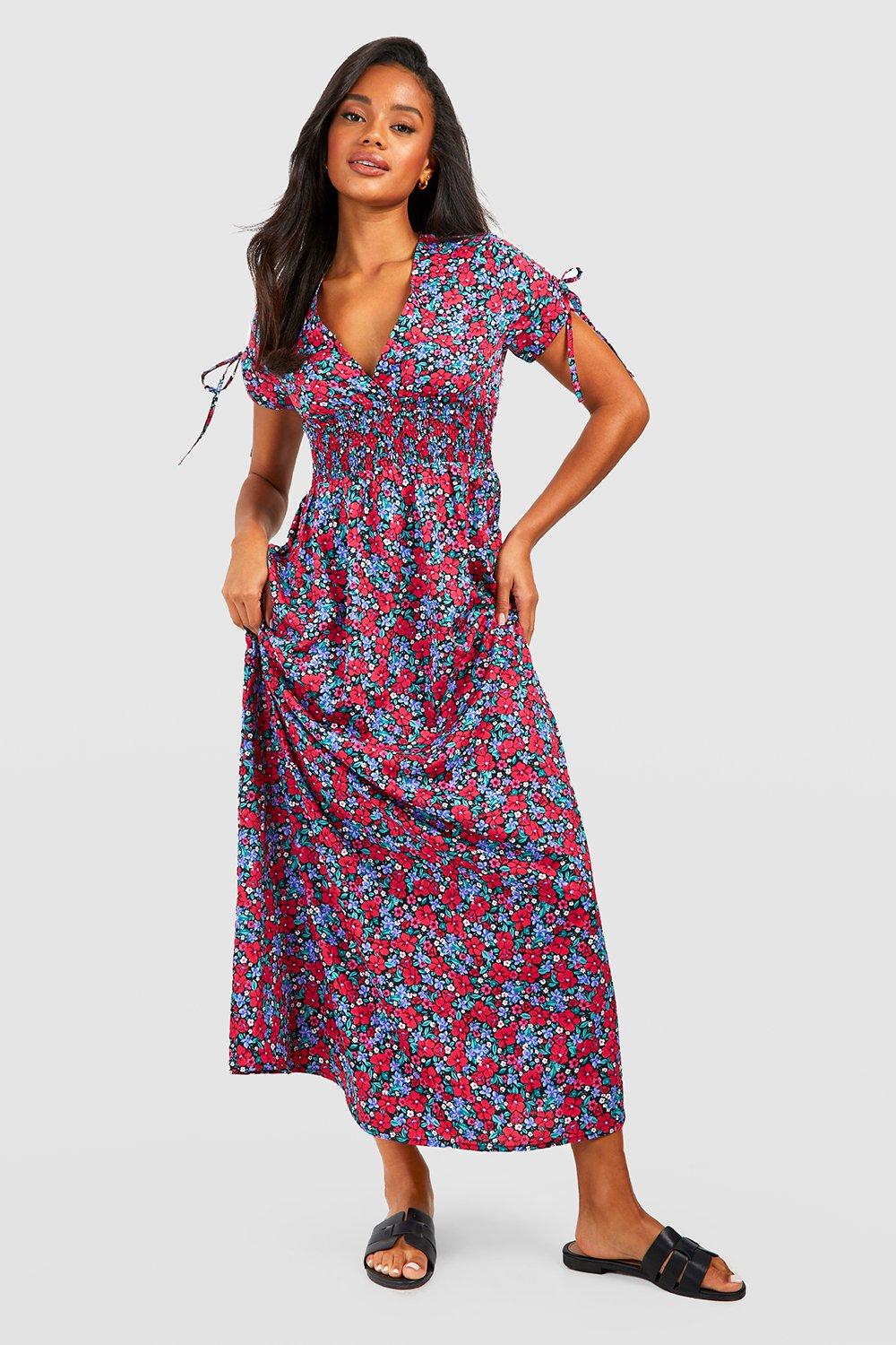 Floral Shirred Tie Sleeve Maxi Dress