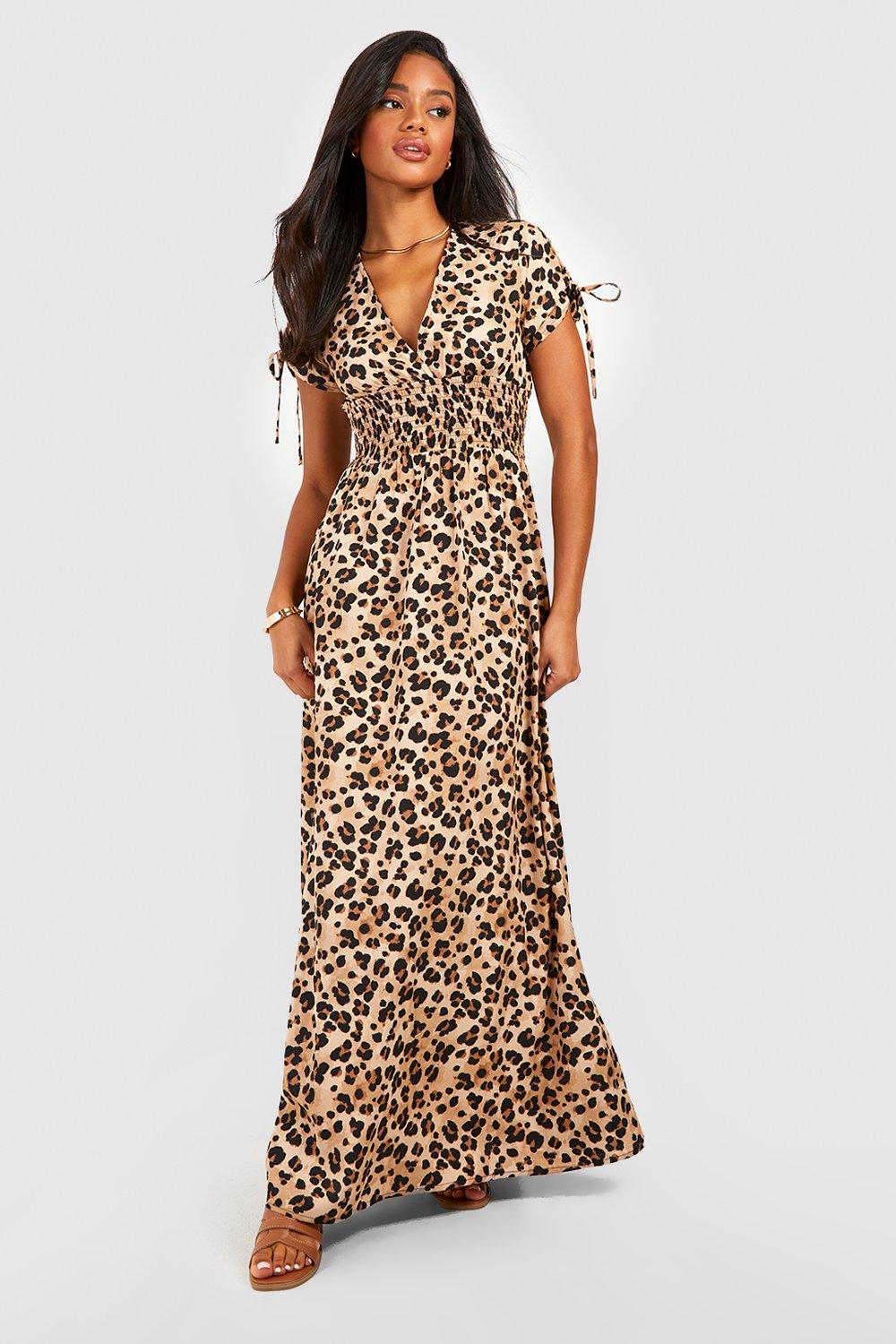 Leopard Shirred Tie Sleeve Maxi Dress