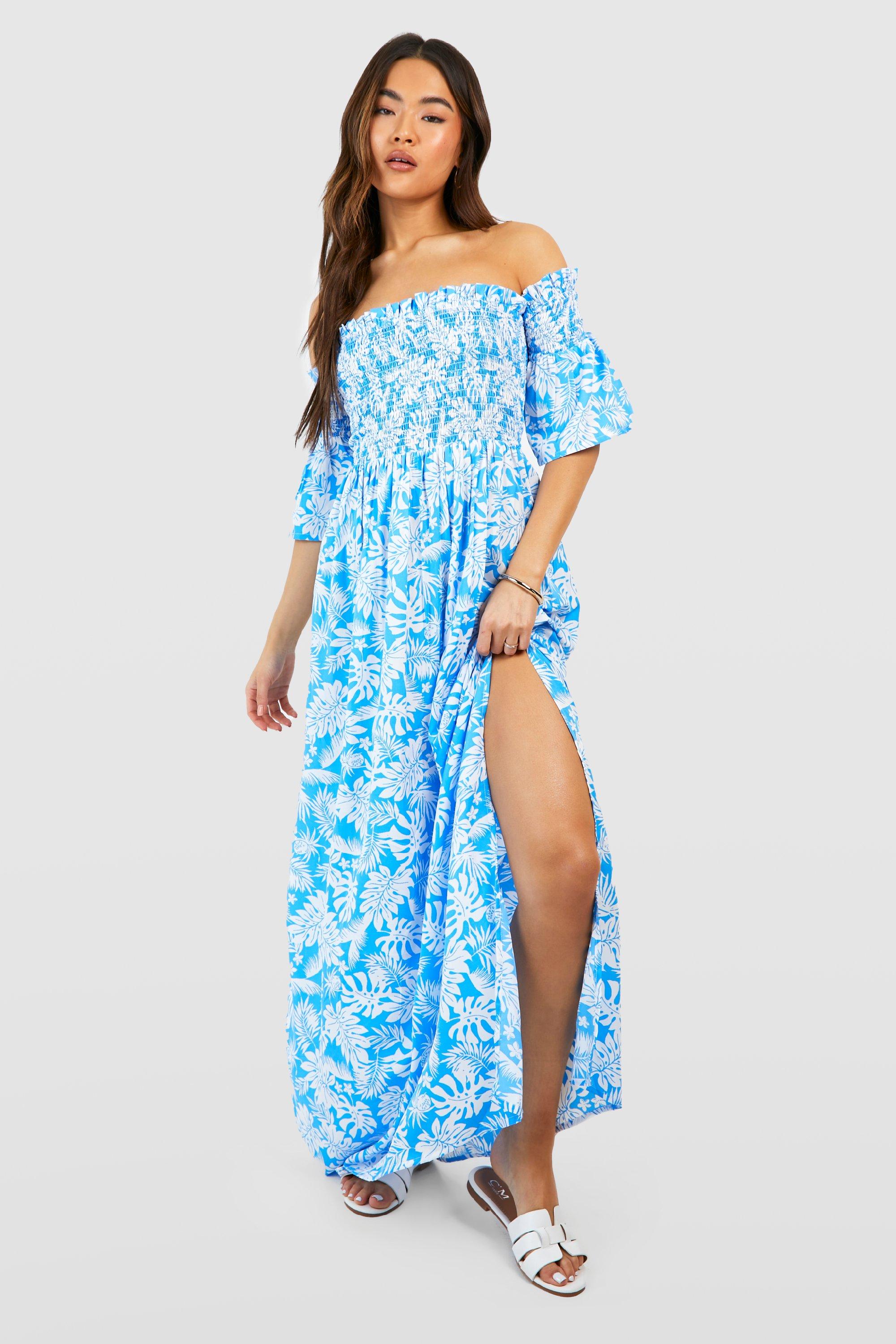 Palm Print Shirred Maxi Dress