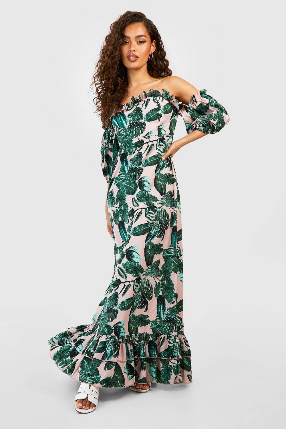 Palm Print Bardot Ruffle Maxi Dress