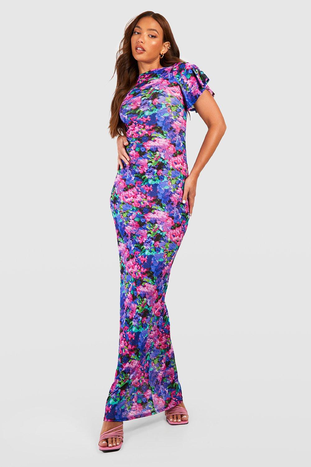 Tall Blurred Floral Angel Sleeve Open Back Maxi Dress