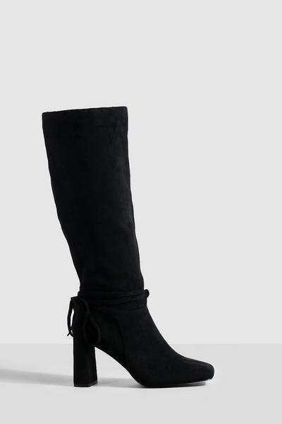 Wide Fit Block Heel Bow Detail Knee High Boots