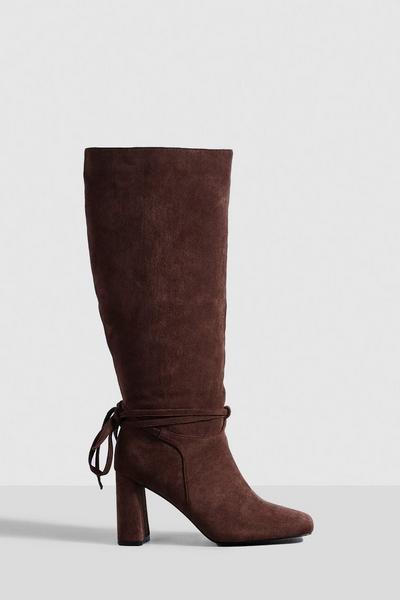 Wide Fit Block Heel Bow Detail Knee High Boots