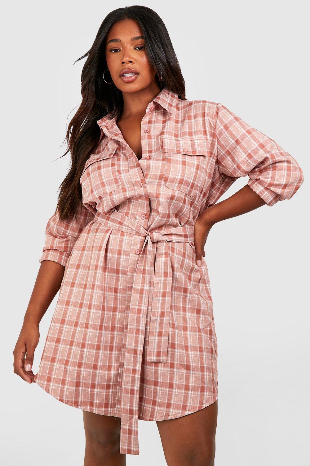 Plus Checked Belted Shirt Dress