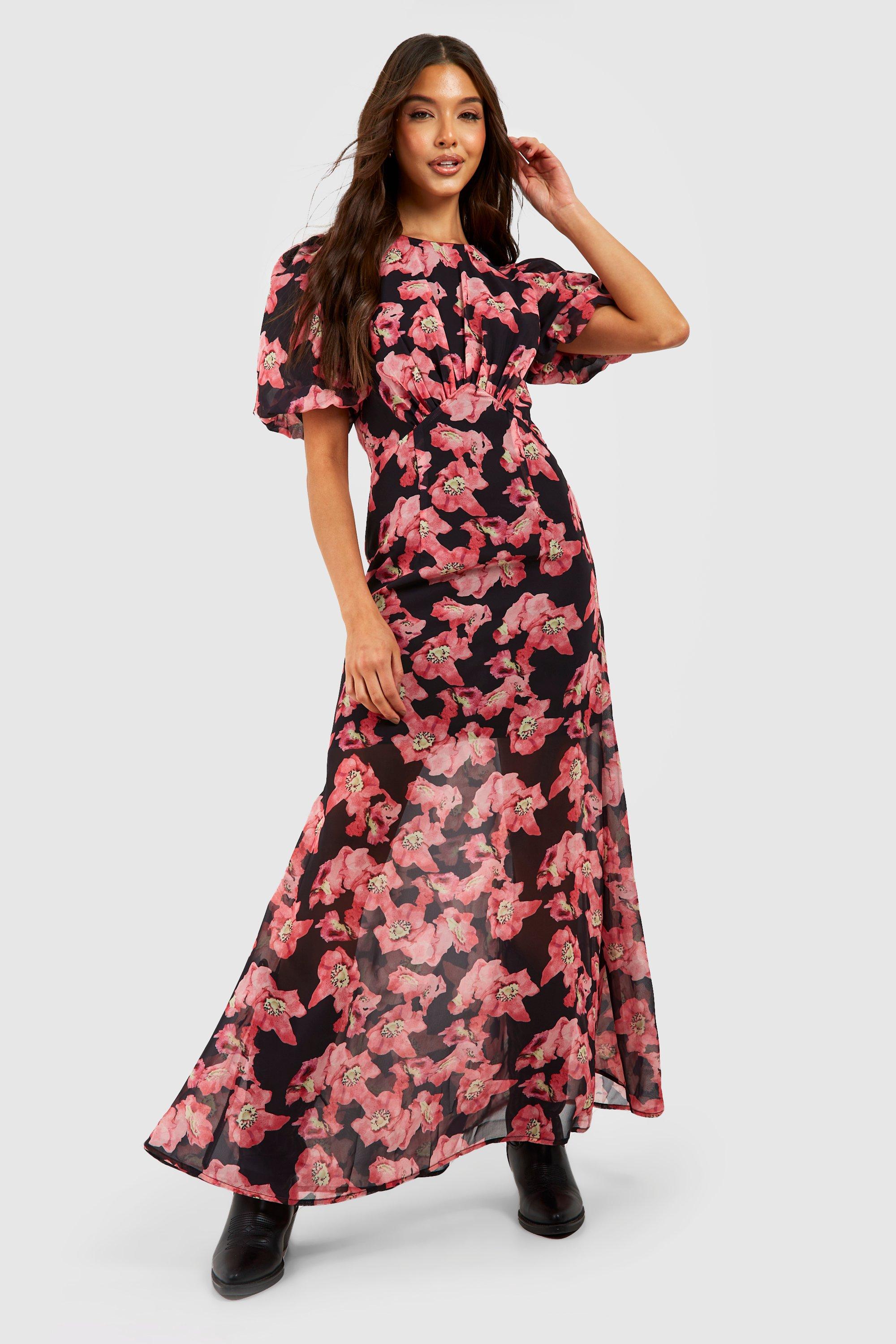 Puff Sleeve Floral Tiered Maxi Smock Dress