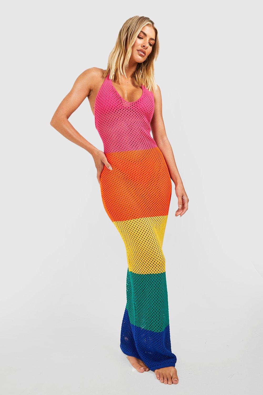 Colour Block Stripe Crochet Beach Maxi Dress
