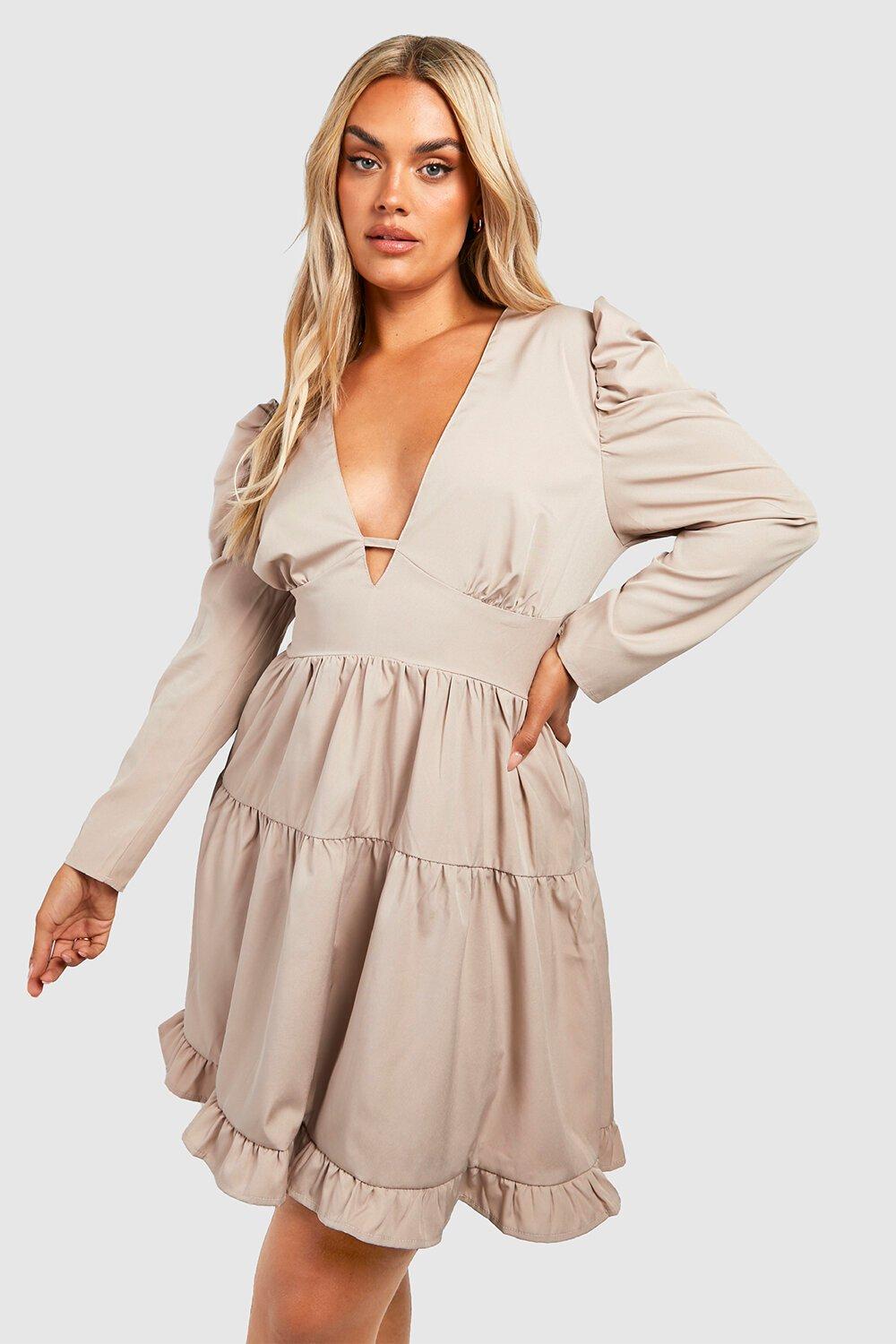 Plus Woven Puff Sleeve Tiered Smock Dress