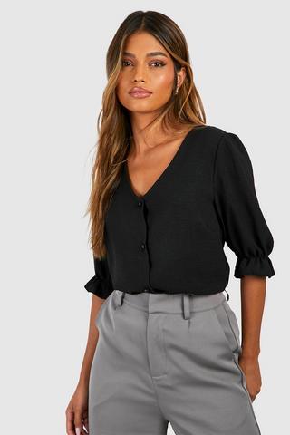 Product Hammered Puff Sleeve Button Front Blouse black