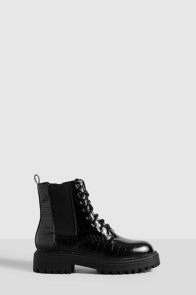 Wide Fit Elastic Panel Chunky Lace Up Biker Boots