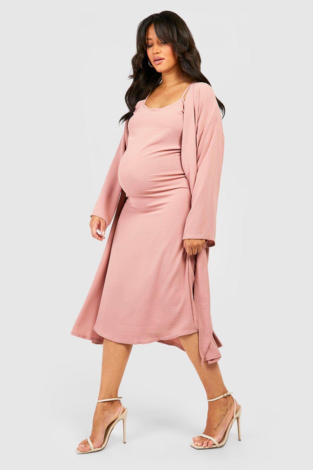 Maternity Textured Strappy Midi Dress And Belted Kimono