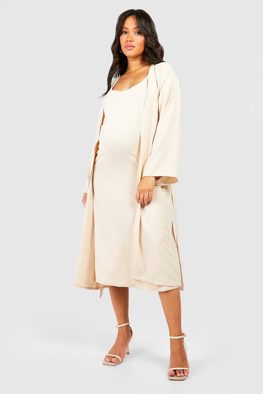 Maternity Textured Strappy Midi Dress And Belted Kimono