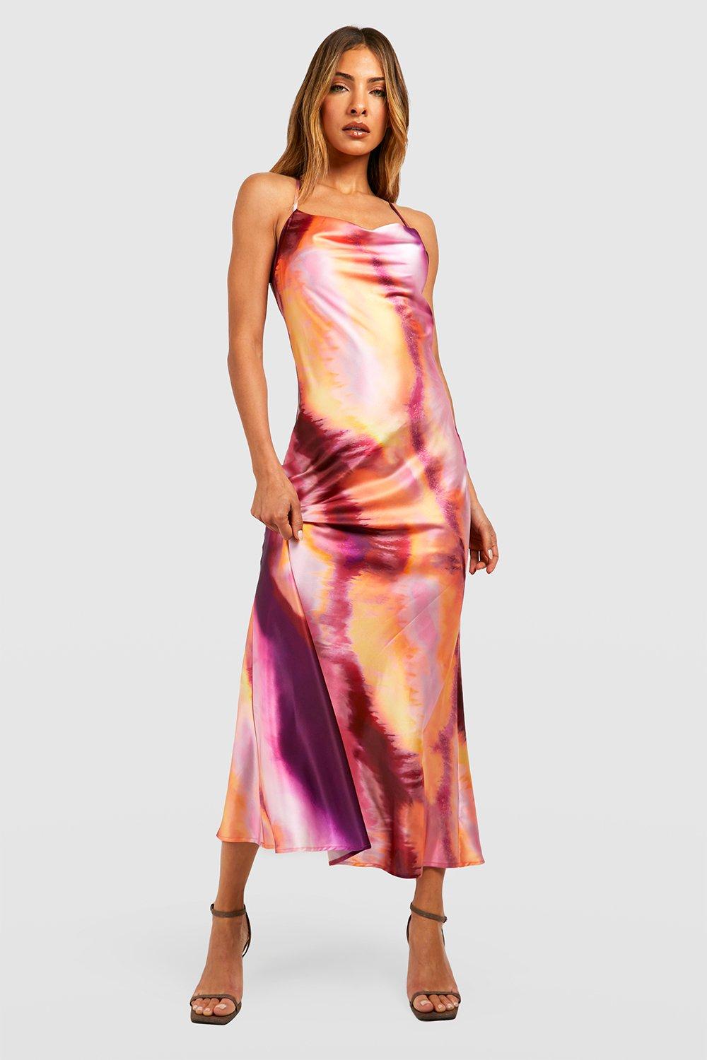 Abstract Satin Cowl Slip Dress
